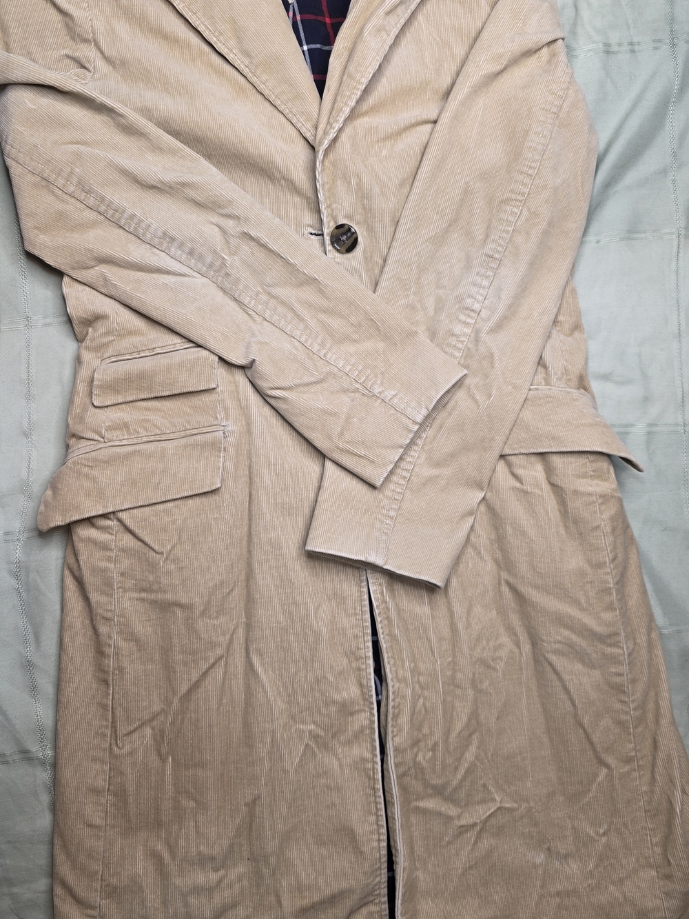 Tommy Hilfiger Y2K Tan Corduroy Long Trench Coat Plaid Lined Women's 4